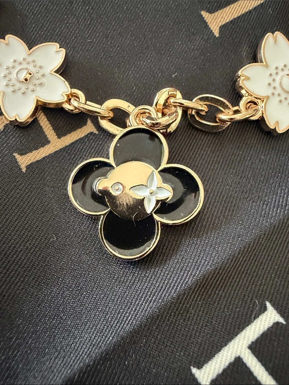 Gold-Tone Floral Charm  with White and Black Enamel handmade